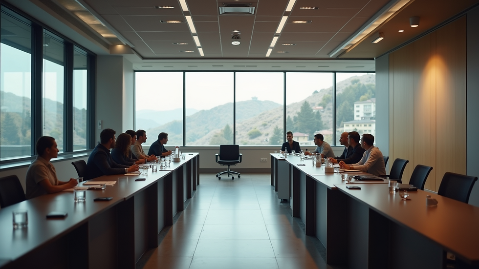 Vista panorámica de una reunión de formación en compliance en una oficina moderna