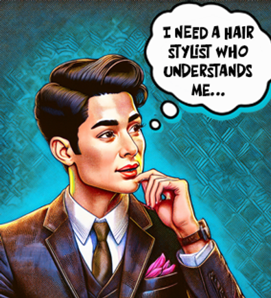 Retro-style man contemplating his next haircut--representing clients seeking personal style.