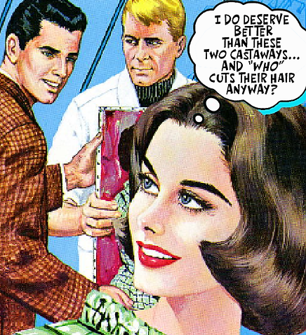 Vintage comic-style woman admiring her haircut--humorous take on self-confidence and style.