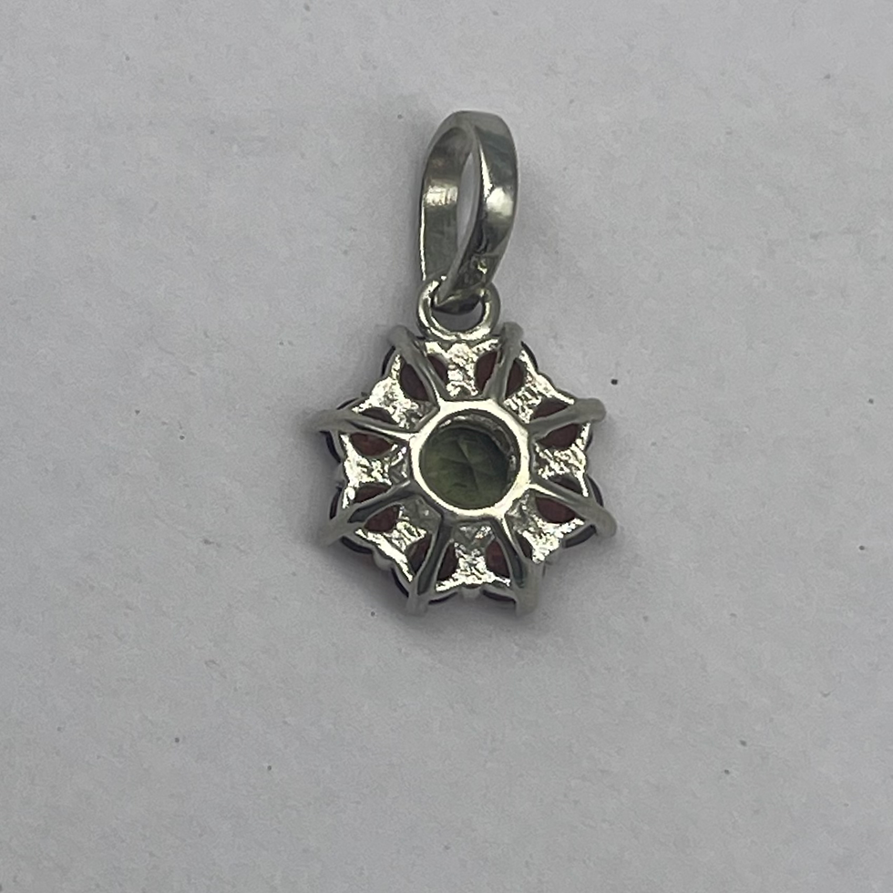 Thumbnail: Faceted Moldavite & Garnet 925 Sterling Silver Flower Pendant
