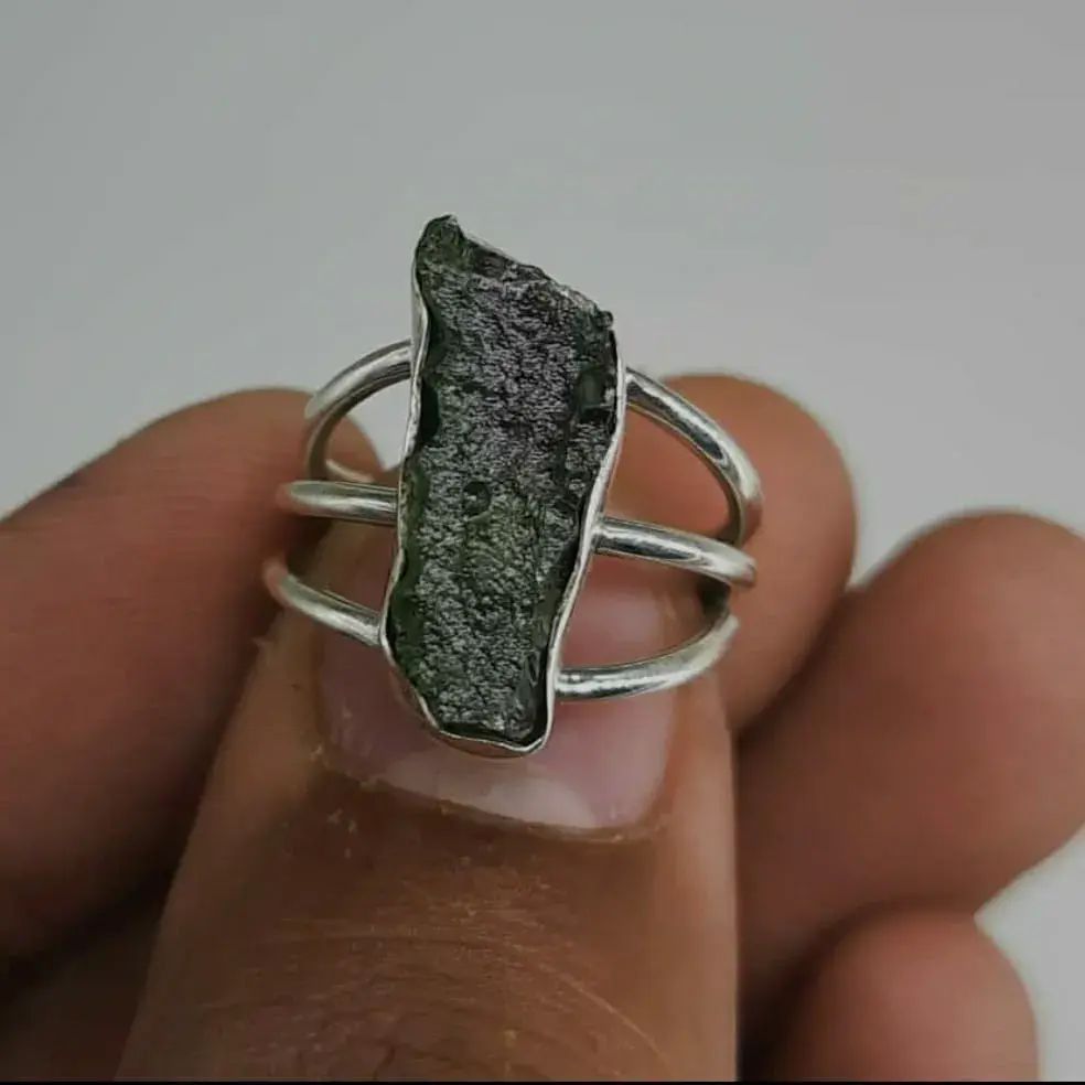 Raw Moldavite Triple Bank  Ring  925 Sterling Silver