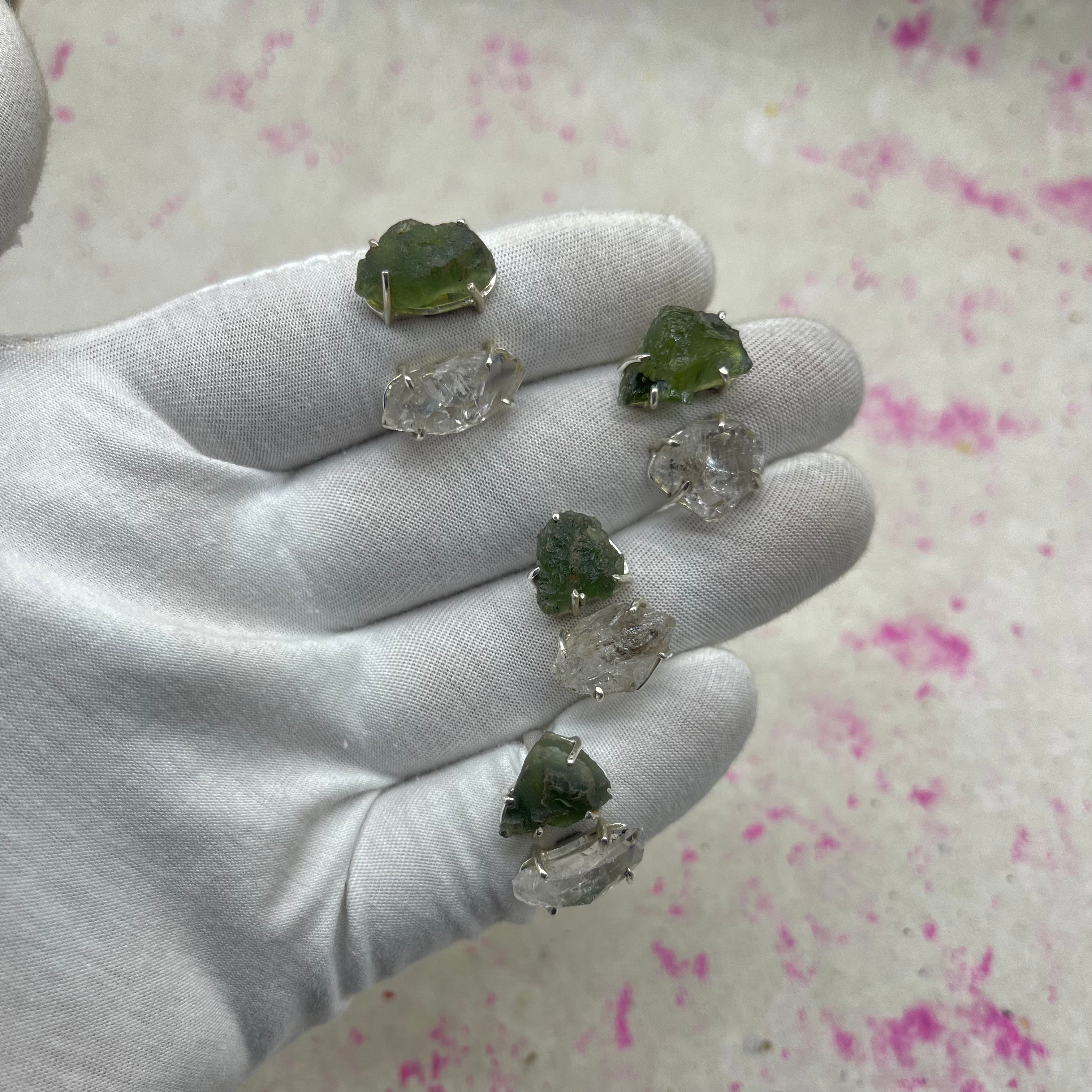 Moldavite & Herkimer Diamond Dual Stone Adjustable Ring