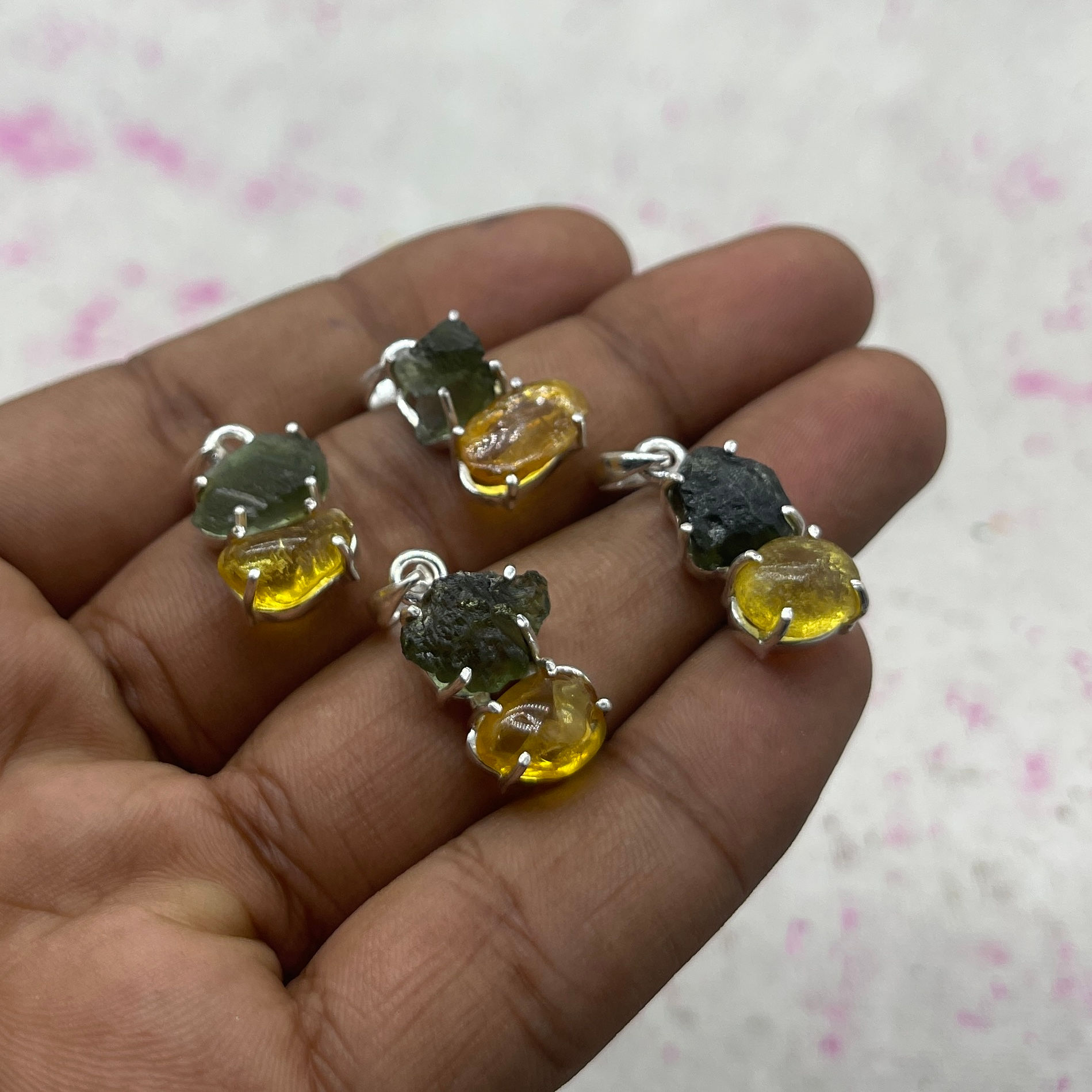 Moldavite And Amber Doubles Pendant Necklace