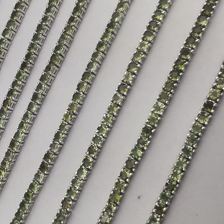 Thumbnail: 3MM Faceted Moldavite Bracelet 925 Sterling Silver