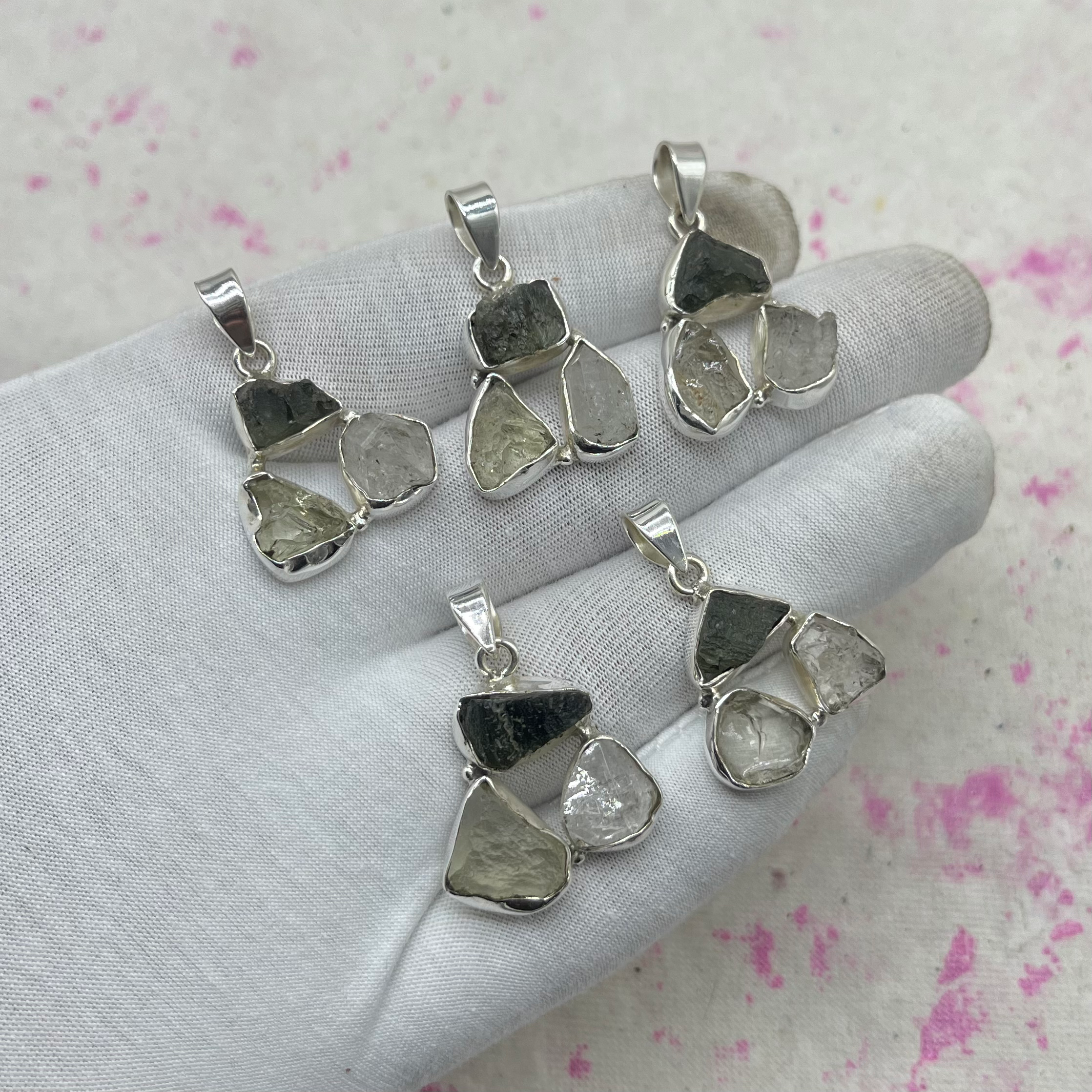 Moldavite , Libyan Glass & Herkimer Diamond Triplet Pendant