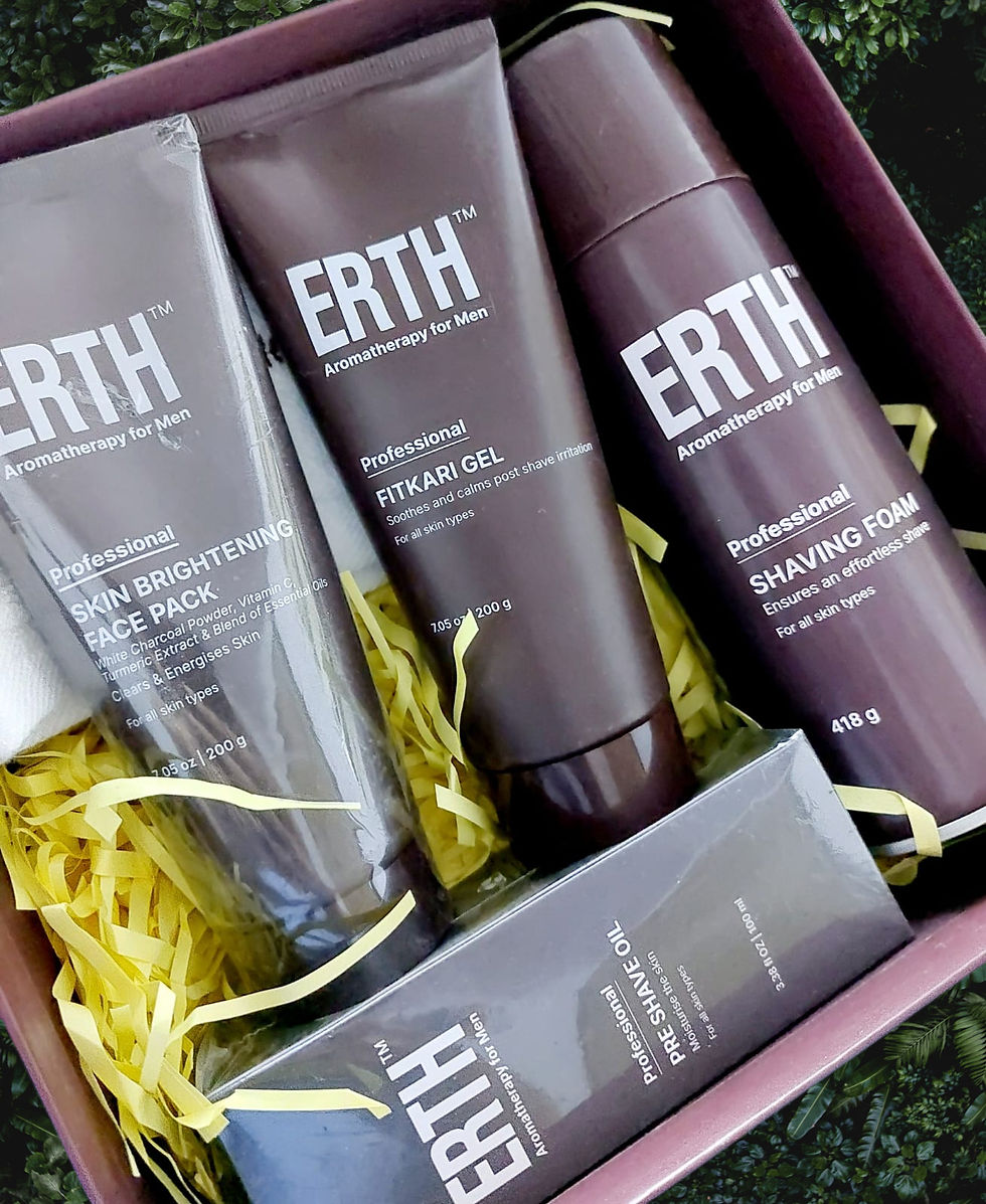 A Style Essentials review of ERTH For Men by Blossom Kochhar, covering its Pre Shave Oil, Shaving Foam, Fitkari Gel and Skin Brightening Face Pack.