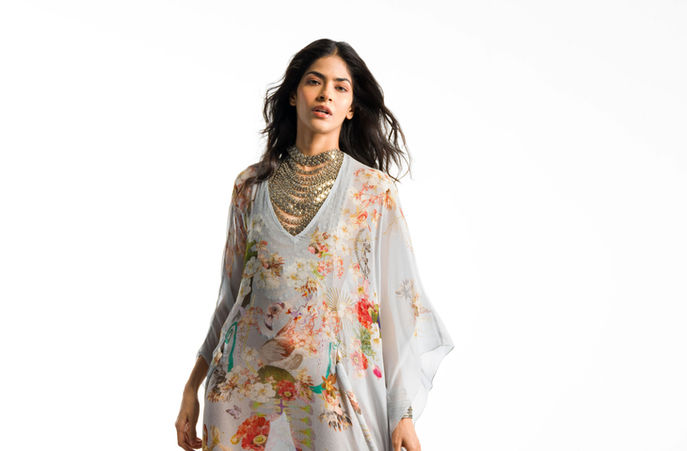 AK|OK Resort collection by Anamika Khanna at its Selfridges London shop-in-shop, in chalk, stone, and washed indigo tones