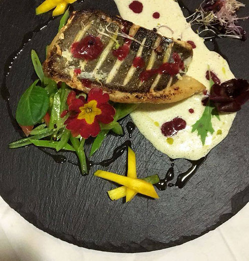 Grilled fish fillet served on a black slate plate with white sauce, berry reduction, edibl