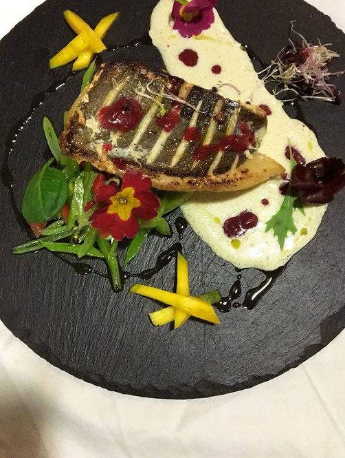 Grilled fish fillet served on a black slate plate with white sauce, berry reduction, edibl