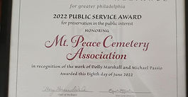 Mount Peace Cemetery Association honored with the 2022 Public Service Award from the Preservation Alliance of greater Philadelphia for preservation in the public interest