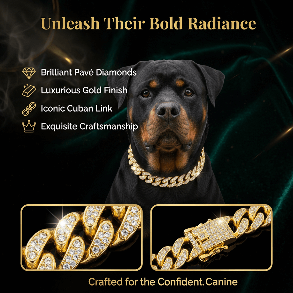 Luxury Hip Hop Dog Collar, Gold Tone Stainless Steel Cuban Chain, Durable Diamon