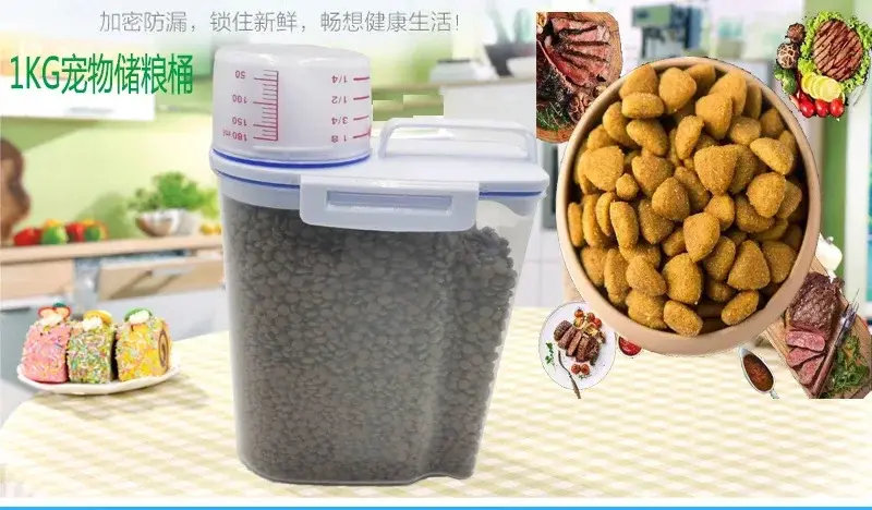 Thumbnail: 1.5kg/2kg Dog Cat Food Pail Plastic Storage Tank with Measuring Cup Container Mo