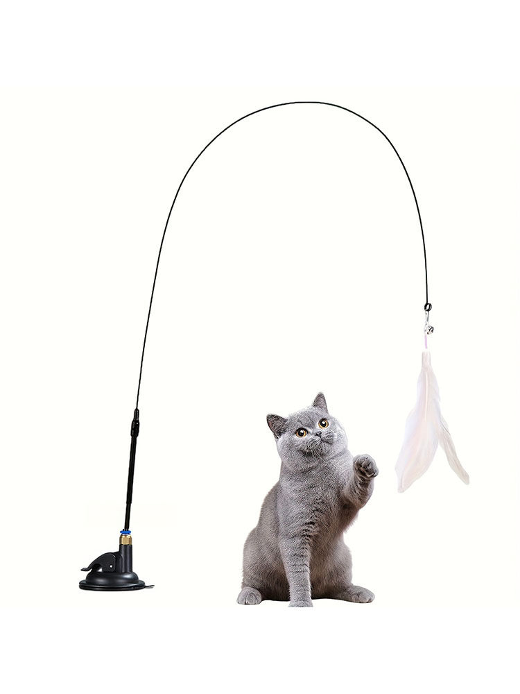 Thumbnail: Cat Teaser Toy - Interactive Bell & Feather Wand - Long Suction Cup Pole for Exc