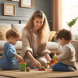A friendly babysitter playing with children at home, symbolizing flexible casual care services.