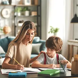 A trusted babysitter helping a child with homework, representing reliable consistent care services.