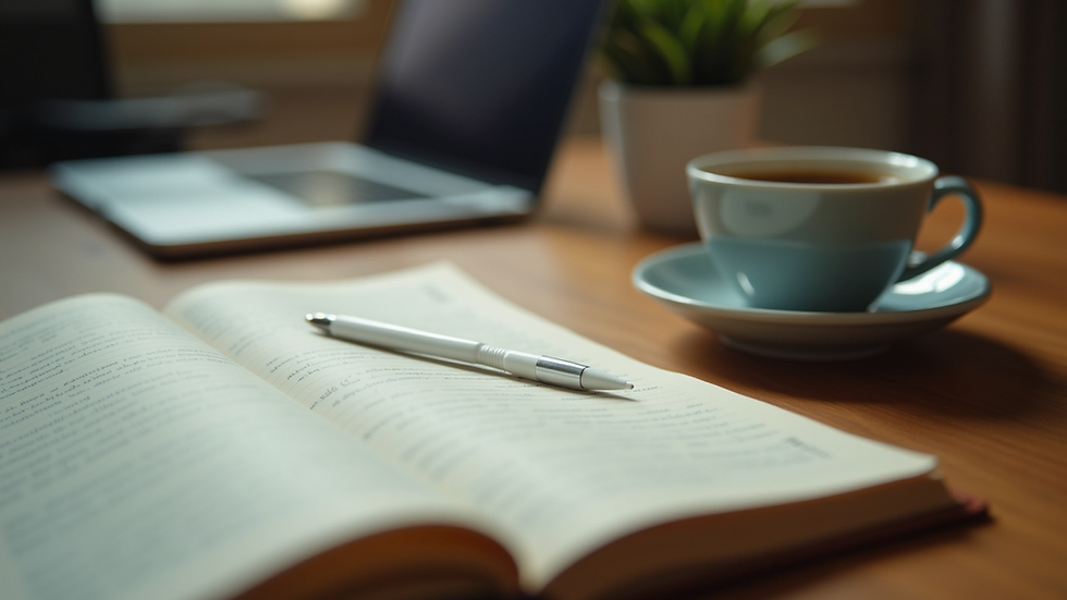 Eye-level view of a writer's desk with an open notebook and a cup of coffee