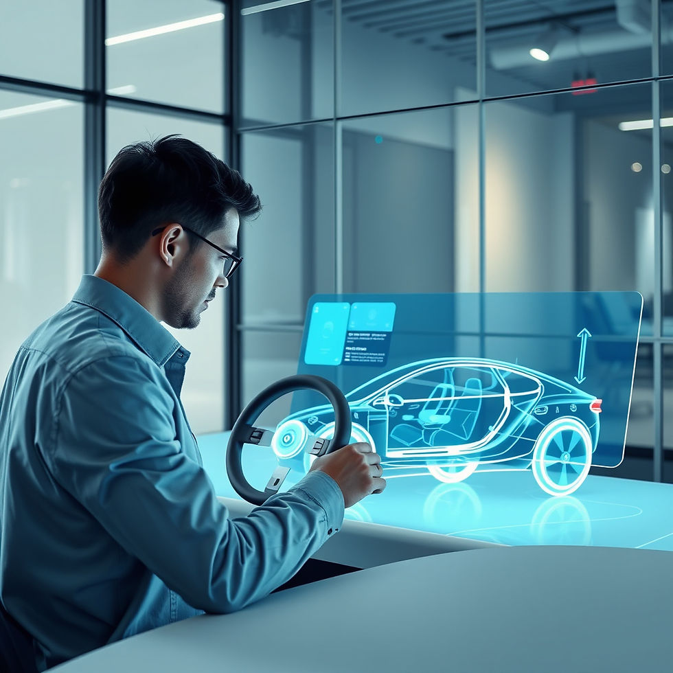 Designer testing an electric vehicle's dashboard UI on a transparent touchscreen, minimali