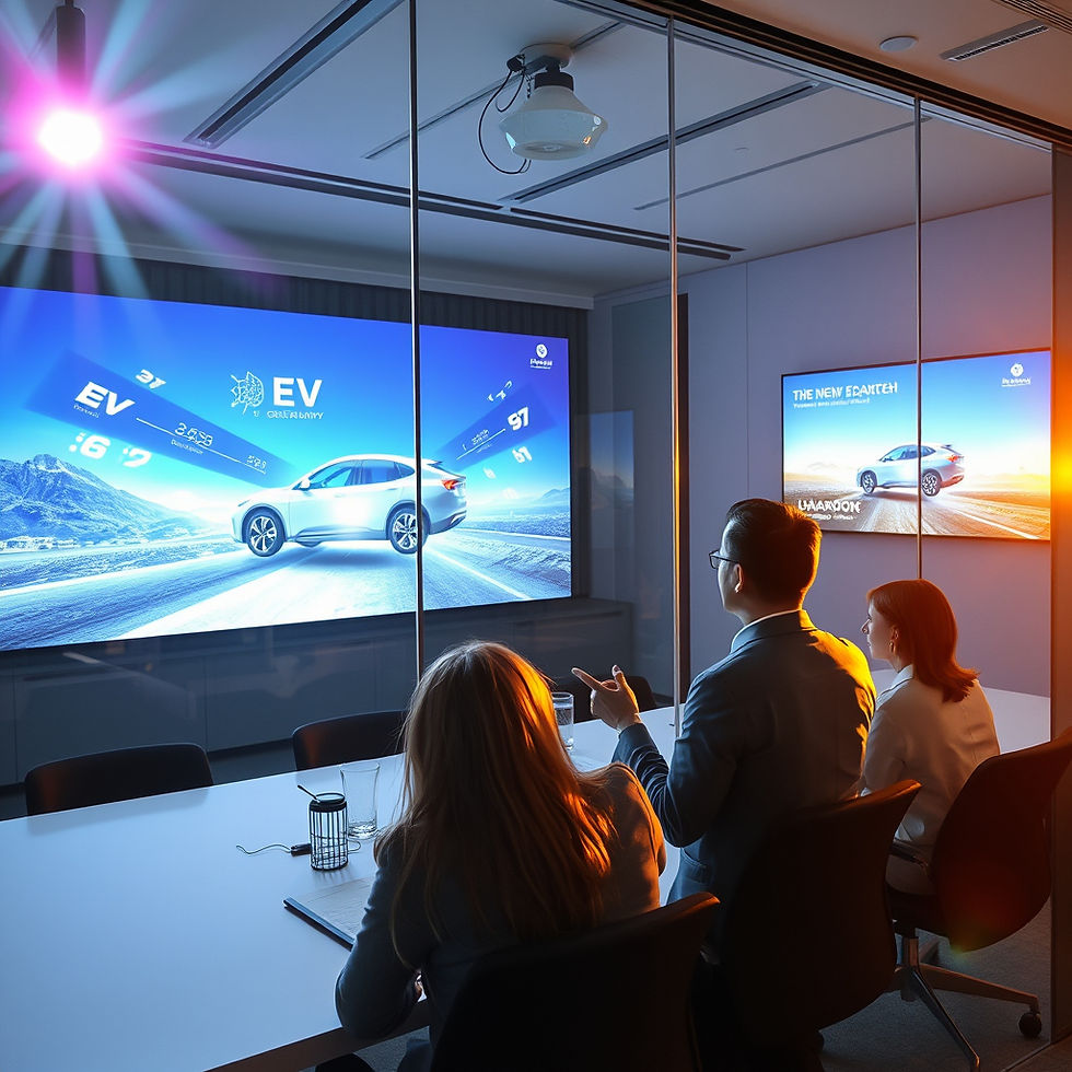 Strategist leading a creative pitch with floating EV visuals and product launch campaign p