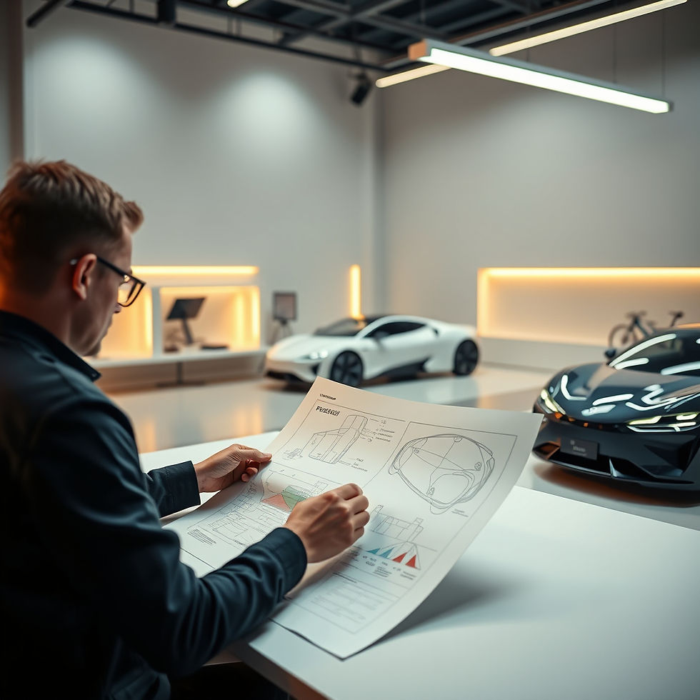 A sleek automotive design studio with an EV designer reviewing futuristic concept blueprin