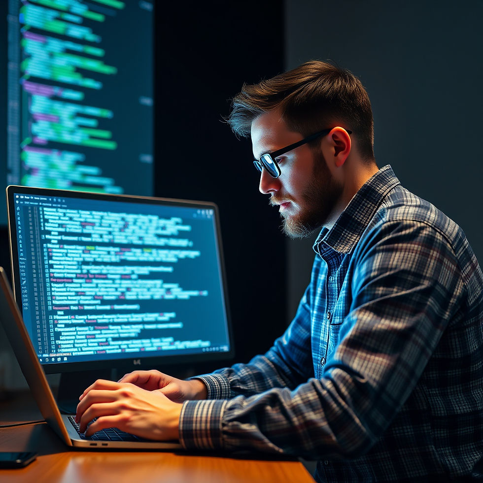 autonomous vehicle software developer working on his laptop with code displayed in his laptop .jpg