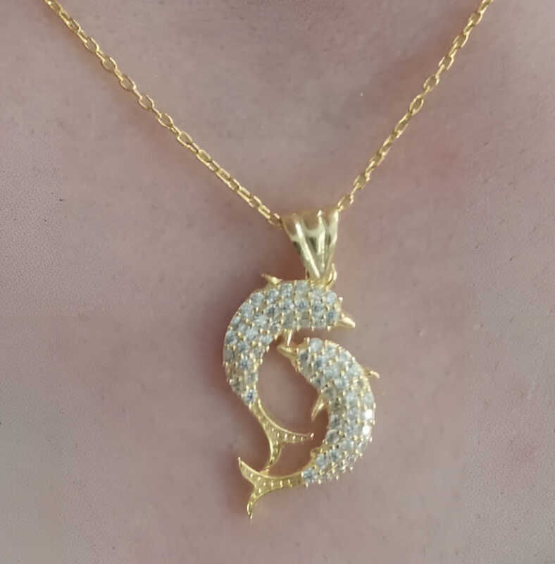 Silver Gold Double Dolphin Women`s Necklace