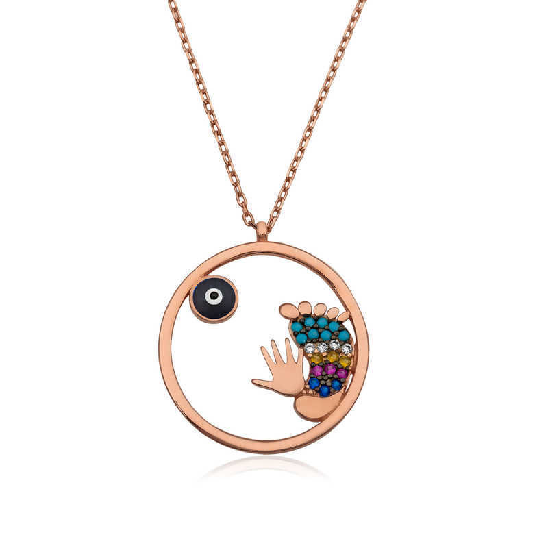 Silver Rose Evil Eye Hand and Footprint Women's Necklace