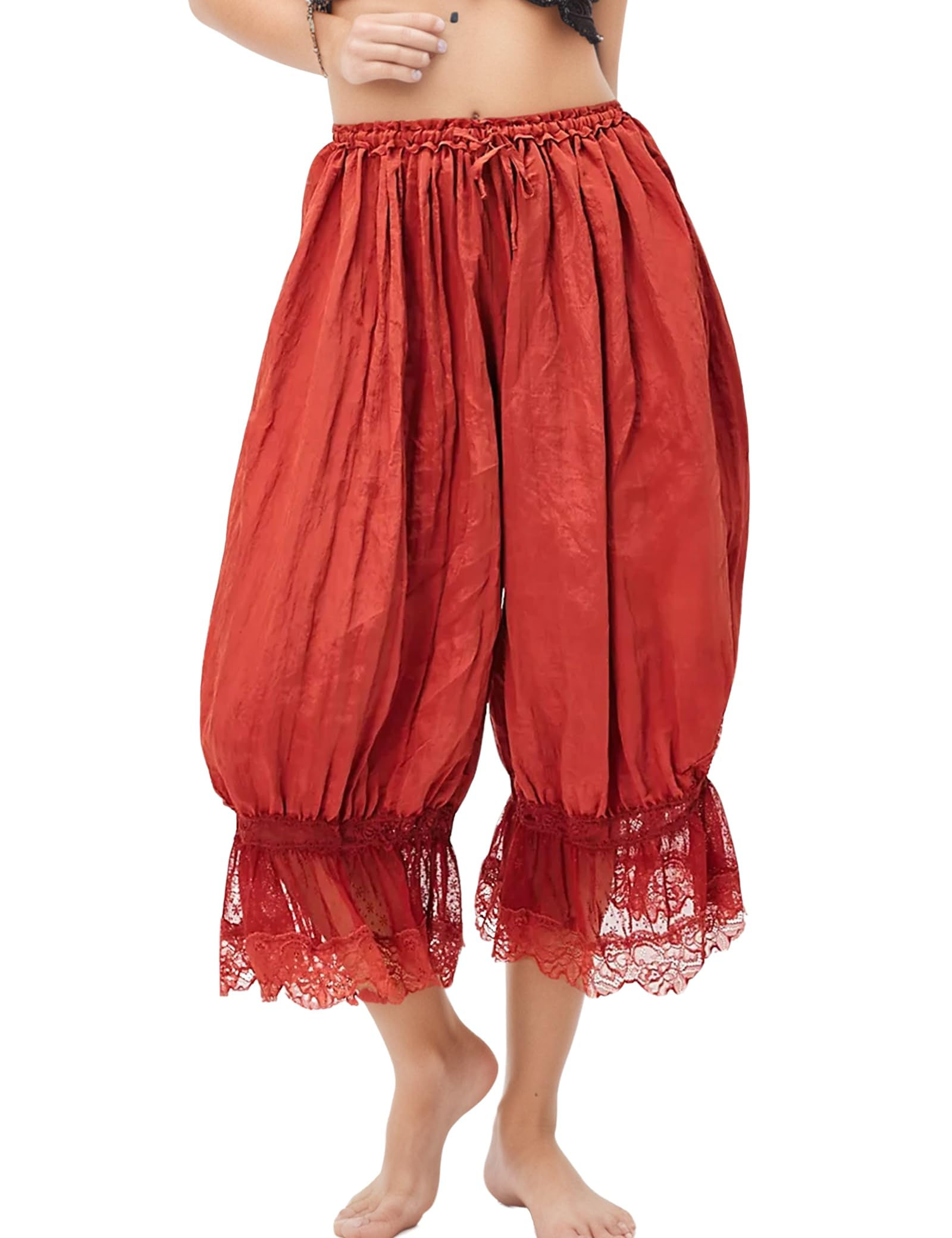 Women Lace Trim Long Bloomers Y2k Elastic Waist Lace Patchwork Pettipants Pan...