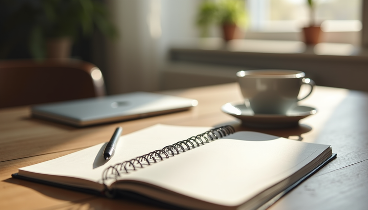 Eye-level view of a neatly organized planner and coffee cup on a wooden table