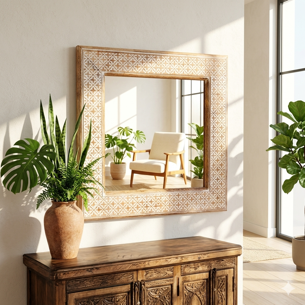 French Style Hand-Carved Wooden Wall Mirror | Distressed White Wash