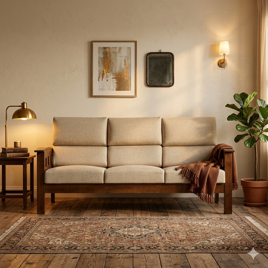 Solid Wood 3-Seater Sofa with Beige Cushions | Malaysian Collection