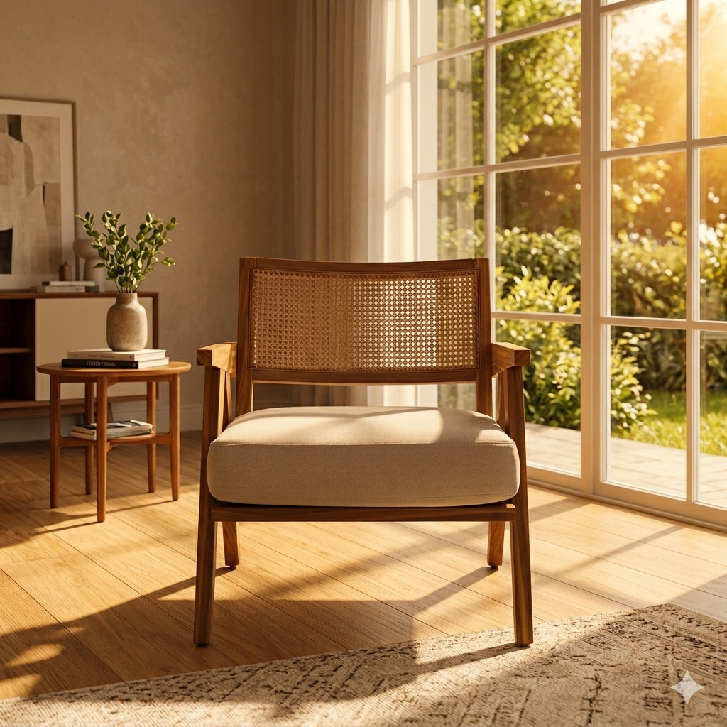 Artisanal ABEL Rattan & Solid Teak Wood Accent Lounge Chair