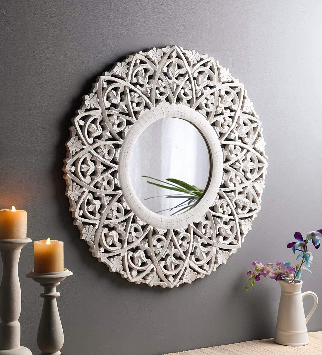 Wooden Hand Crafted Round Distressed White Finished Vanity Wall Mount Mirror
