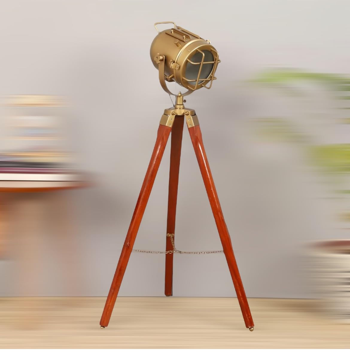 Metal Brass Floor Lamp with Wooden Tripod Stand – Handcrafted Elegance