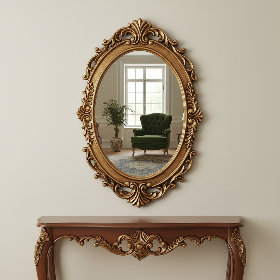 Bhagini Wood Carved Antique Golden Oval Wall Mirror Frame