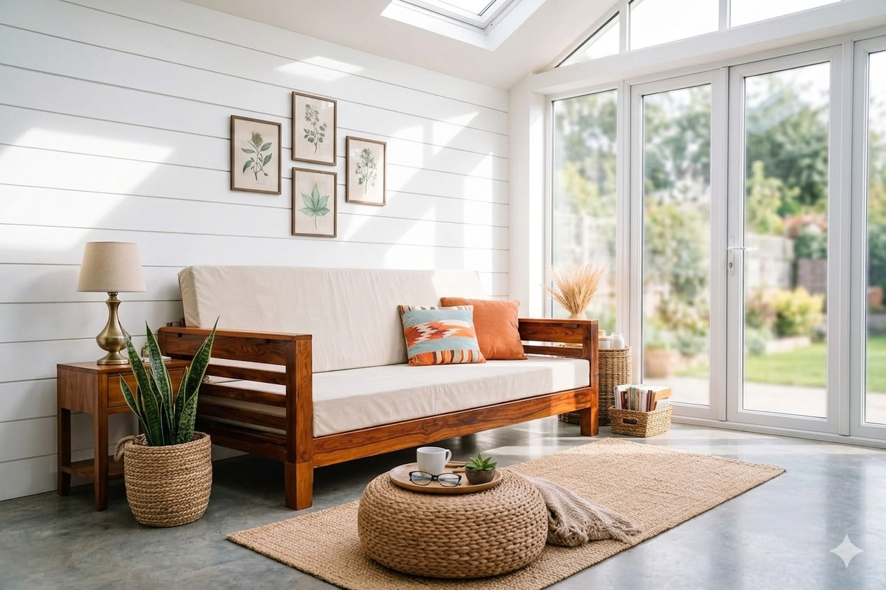 Handcrafted Solid Sheesham Wood Sofa Cum Bed | Premium Honey Finish