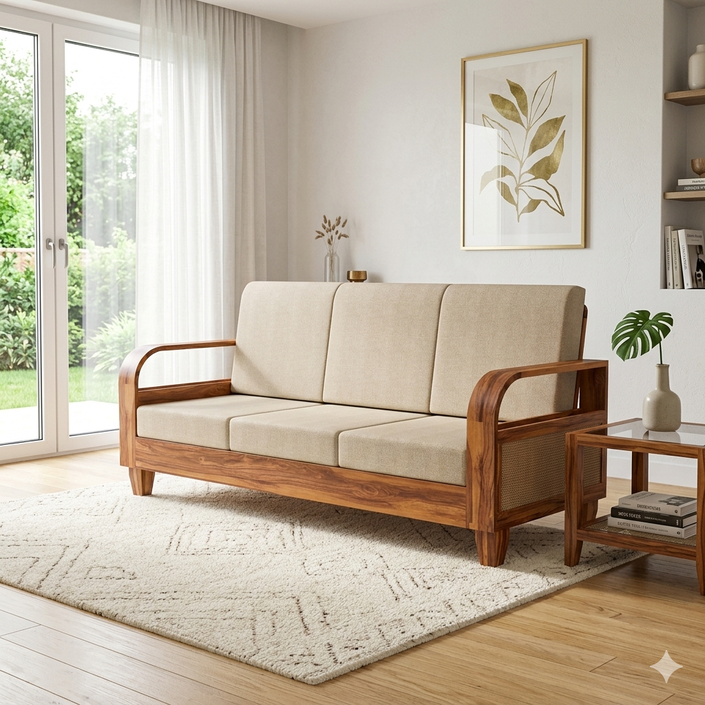 Solid Sheesham Wood 3-Seater Sofa | Honey Finish with Rattan Cane Detail