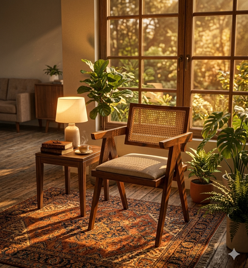 Artisanal Solid Sheesham Wood Armchair with Cane Back Support