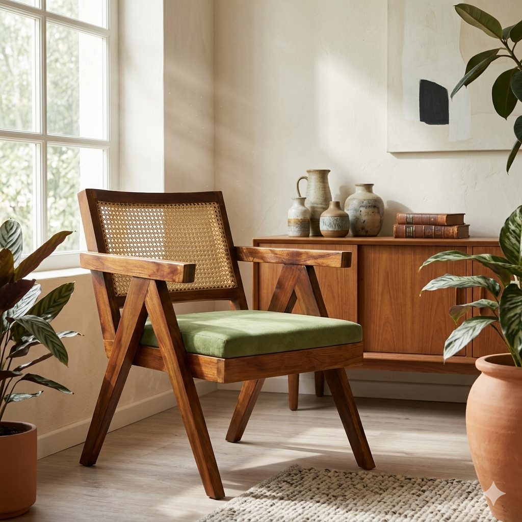 Solid Sheesham Wood & Rattan Armchairs – Set of 2