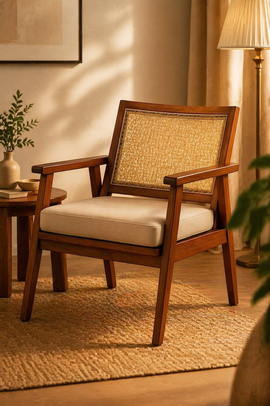 Premium Handcrafted Solid Wood Cane Lounge Chair – Mid-Century Modern Elegance