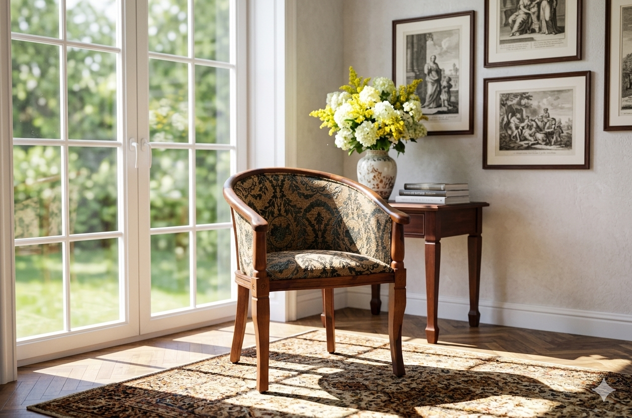 Artisanal Solid Wood Barrel Armchair with Traditional Tapestry Upholstery