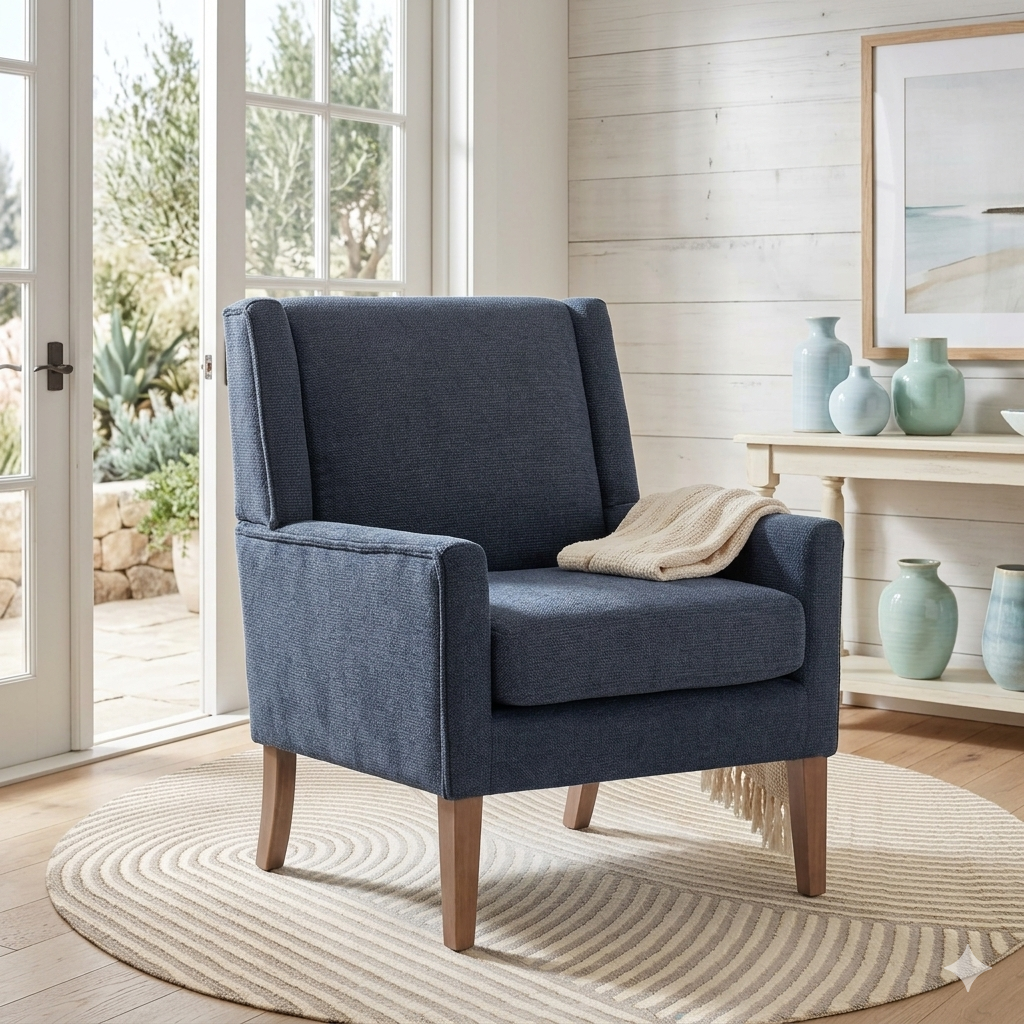 Handcrafted Accent Armchair | Blue Upholstered Fabric