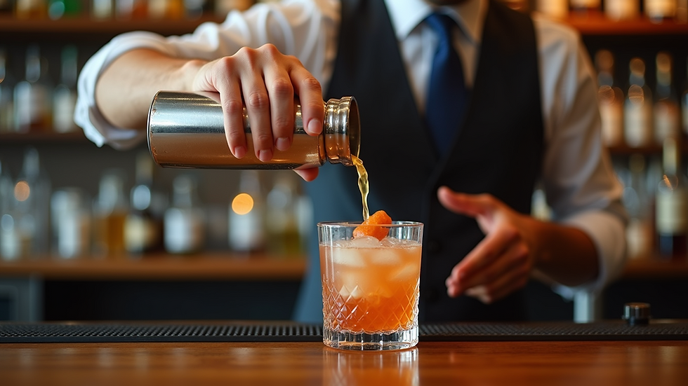 Eye-level view of a bartender pouring a handcrafted cocktail into a glass