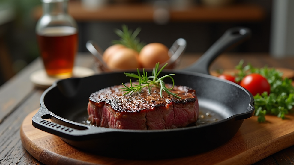 Eye-level view of a cast iron skillet with a rare steak resting on a wooden board
