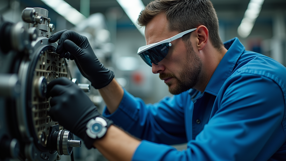 High angle view of a technician wearing AR glasses repairing machinery
