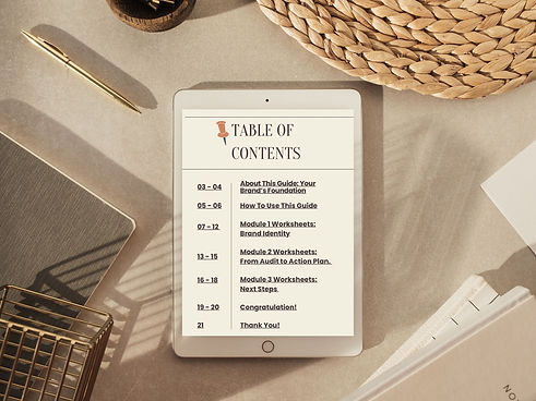 The Table of Contents for the DIY Brand Audit Checklist displayed on a tablet screen. The sections include: Welcome, How to Use This Guide, The Audit Checklist, Audit Results & Next Steps, and About Me.