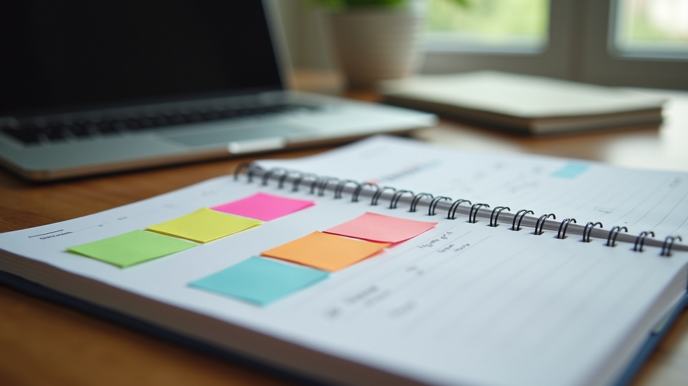 High angle view of a business planner with colorful sticky notes and a laptop