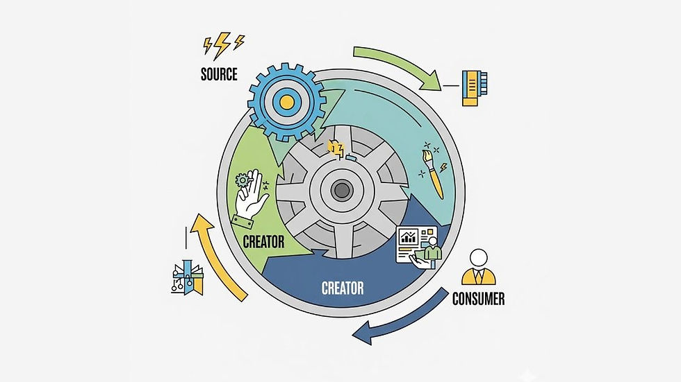 An image of a flywheel illustrating collaboration between platforms, creators, and consumers.