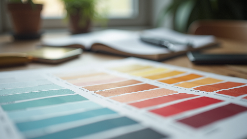 Close-up view of color swatches and typography samples on a desk