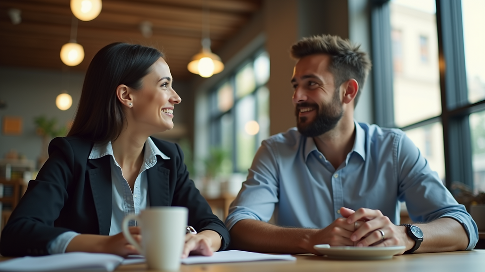Eye-level view of a mentor and mentee discussing business strategy over coffee