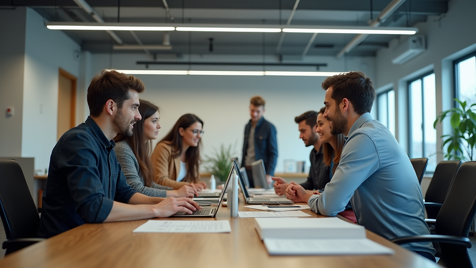 Wide angle view of an office showcasing a team collaborating